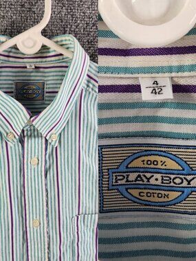 VTG Playboy Striped Purple Green Button Up Shirt Size 4 (42) France Made Men